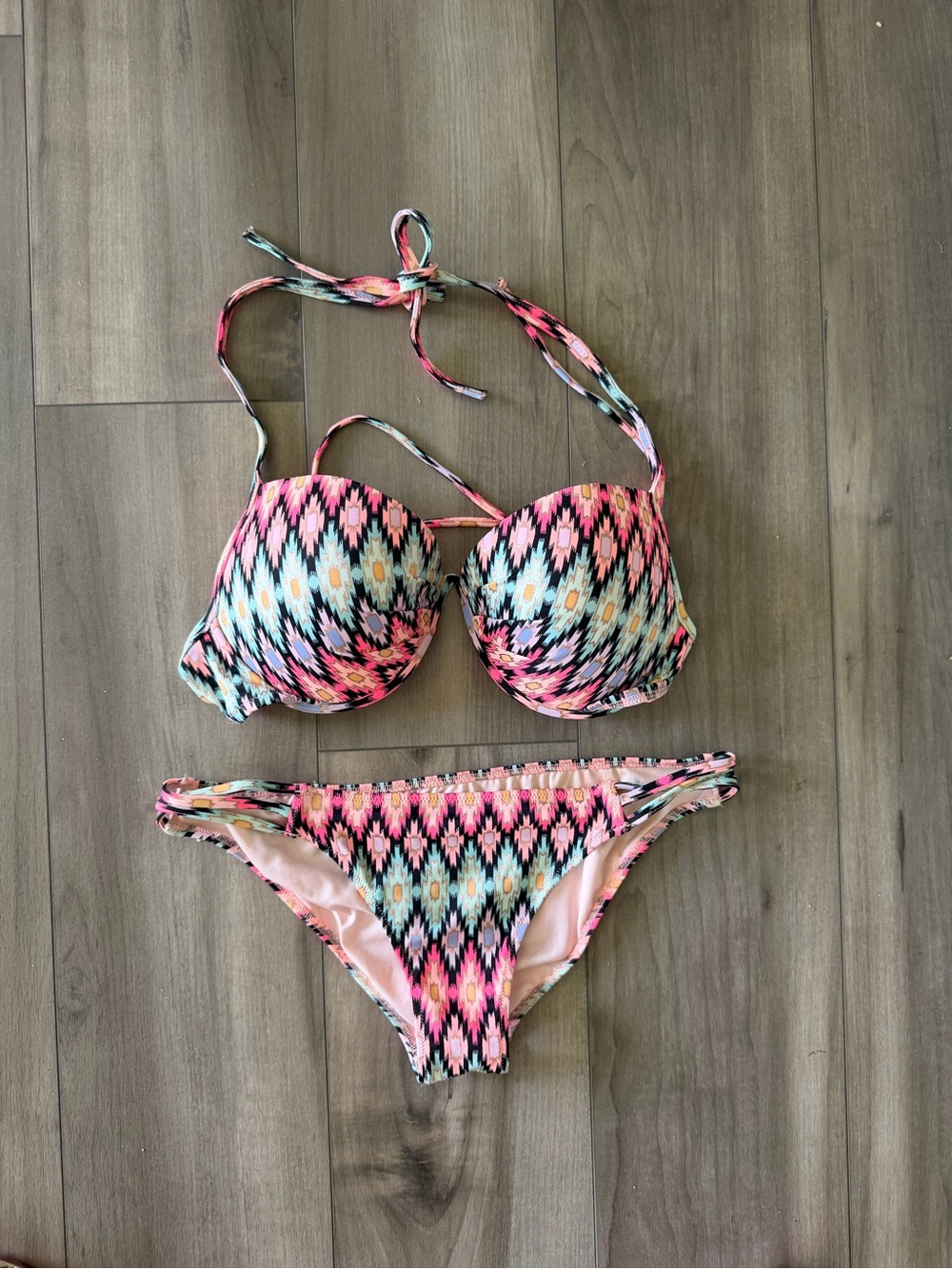 Victoria's Secret Pink Black Aqua Aztec Print Bikini 36D Medium